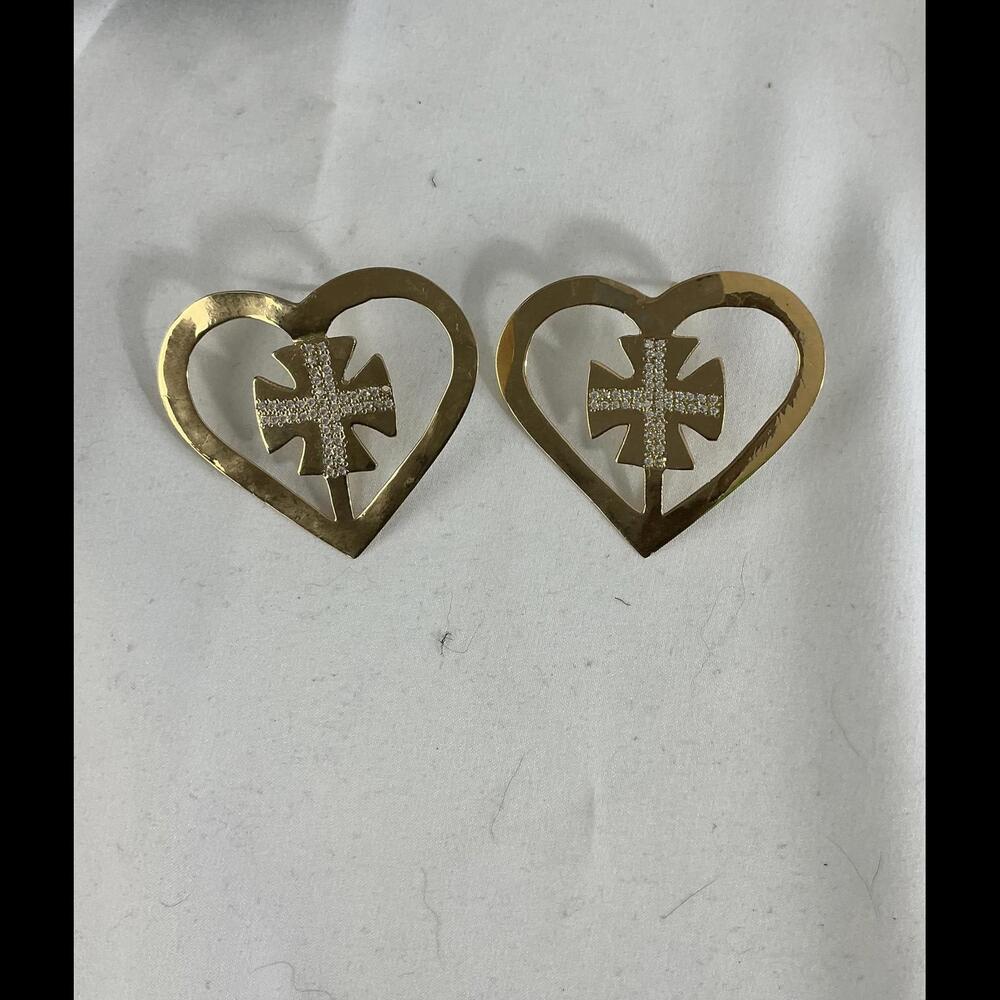 18k Bold Gold Heart Earrings with Cross Design